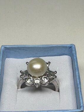Pearl and Crystal Halo Ring in White Gold Tone